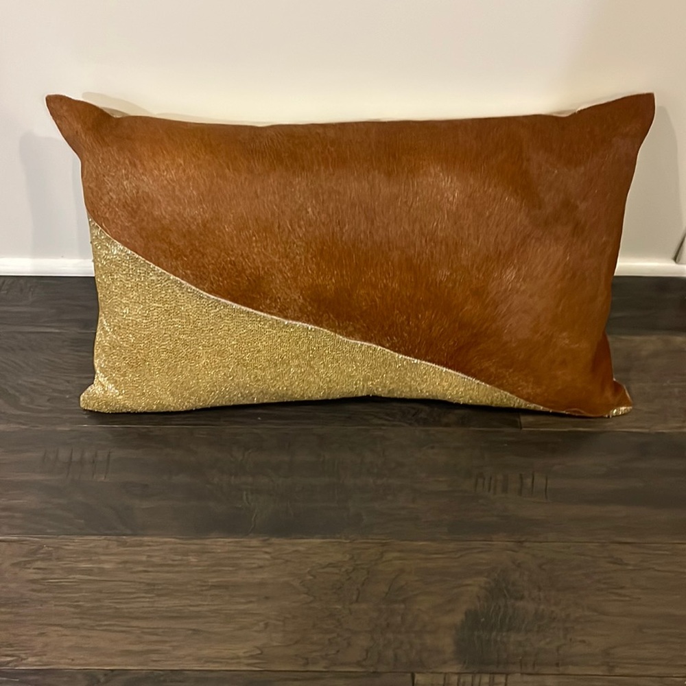 Callisto Home Beaded Hide Throw Pillow 24”x14” new brown gold